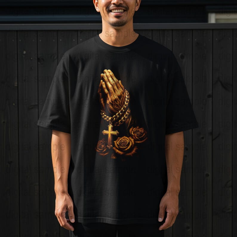 Men's Black Graphic T-Shirt with Praying Hands and Cross Design, Spiritual Casual Wear, Religious Fashion Tee, Comfortable Cotton Shirt