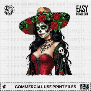 Sugar Skull Catrina Woman Digital Art, Day of the Dead PNG File, Calavera Lady Image, Easy Download, Floral Sombrero, Mexican Art Print