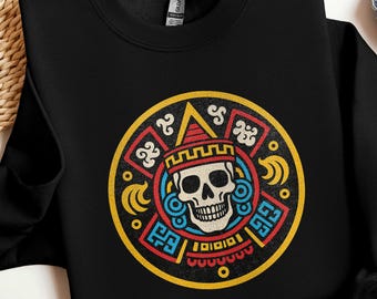 Imagen digital de una calavera azteca, impresión artística mesoamericana (descarga digital)