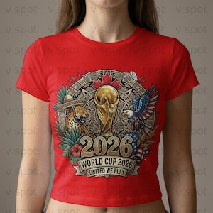 2026 World Cup graphic with trophy, jaguar, eagle, and text "United We Play".