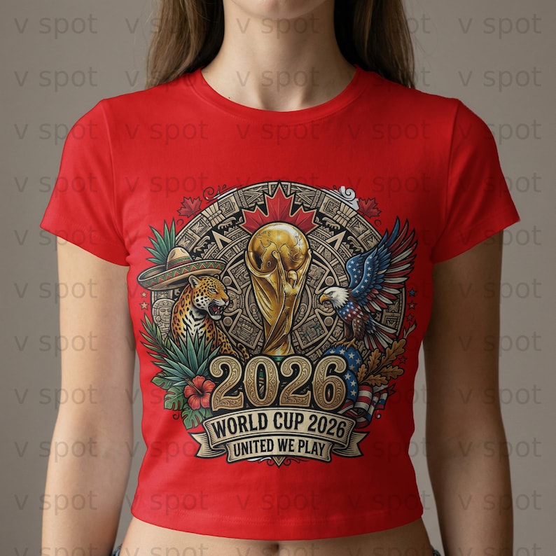 2026 World Cup graphic with trophy, jaguar, eagle, and text "United We Play".