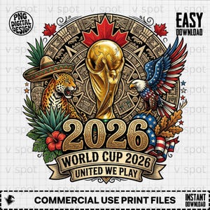 2026 World Cup trophy, eagle, jaguar, and USA flag elements.