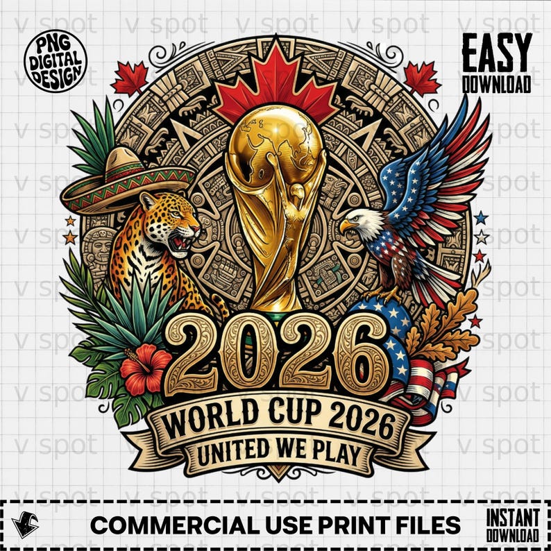 2026 World Cup trophy, eagle, jaguar, and USA flag elements.