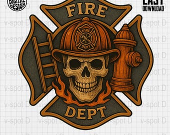 May include: A digital design featuring a firefighter skull wearing a helmet, with a ladder and a fire hydrant. The design includes the words "FIRE DEPT" and "FINE DEPT". The design is in shades of brown, orange, and gray.