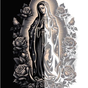 May include: A black and white illustration of a religious figure, with a halo and hands clasped in prayer. The figure is surrounded by roses, with a black background on the left and a white background on the right.