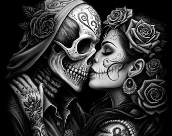 Day of the Dead Kiss, Digital, Halftone Print, Skull Lovers,  de Muertos Art, Black Background Only, Sugar Skull