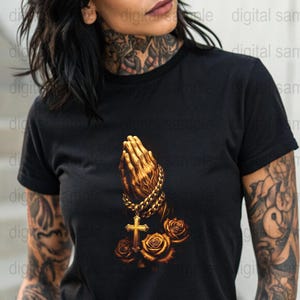 Praying Hands Gold Cross Graphic T-Shirt, Religious Tattoo Inspired Art, Unisex Black Tee with Spiritual Design
