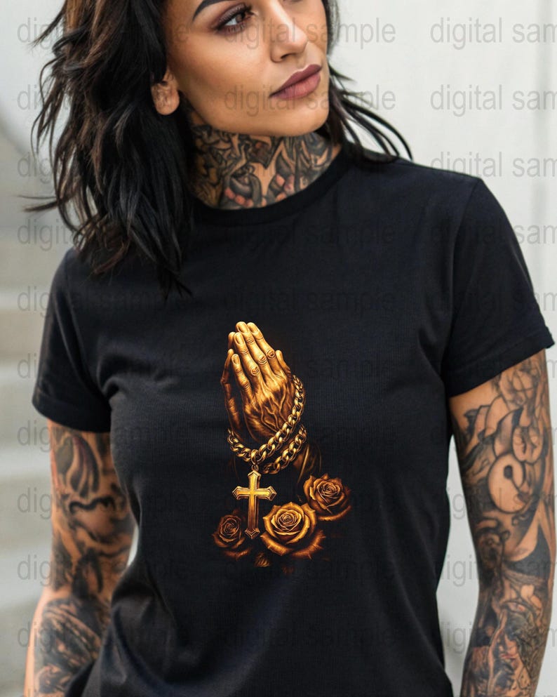 Praying Hands Gold Cross Graphic T-Shirt, Religious Tattoo Inspired Art, Unisex Black Tee with Spiritual Design