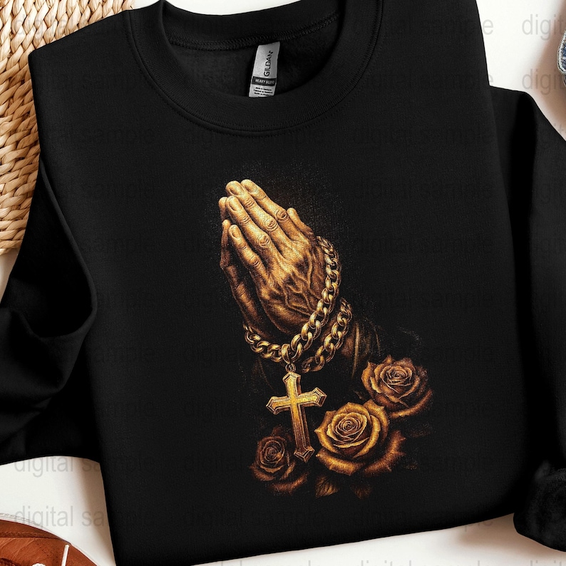Praying Hands Sweatshirt with Gold Cross and Roses, Religious Graphic Pullover, Spiritual Clothing Gift Idea