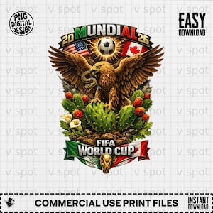 May include: A digital design featuring a detailed illustration for the FIFA World Cup 2026. The design includes an eagle with outstretched wings, a soccer ball, flags of the USA and Canada, and the words "FIFA World Cup".