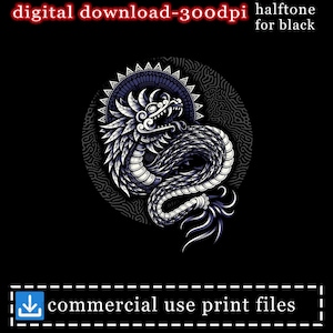 Puede incluir: Descarga digital de una ilustración de dragón en blanco y azul sobre fondo negro. El dragón está detallado, rodeado de un patrón circular. El texto incluye "descarga digital - 300dpi" y "archivos de impresión de uso comercial."