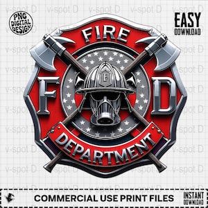 May include: A red, silver, and black Fire Department emblem with crossed axes, a firefighter's helmet, and the text "FIRE DEPARTMENT." The design includes a star-studded background and the letters "F" and "D."