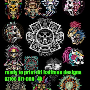 May include: A collection of colorful Aztec-inspired designs on a black background. The designs include skulls, an axolotl, and other figures with intricate details and vibrant colors. Text at the bottom reads "ready to print dtf halftone designs aztec art-png-4k."