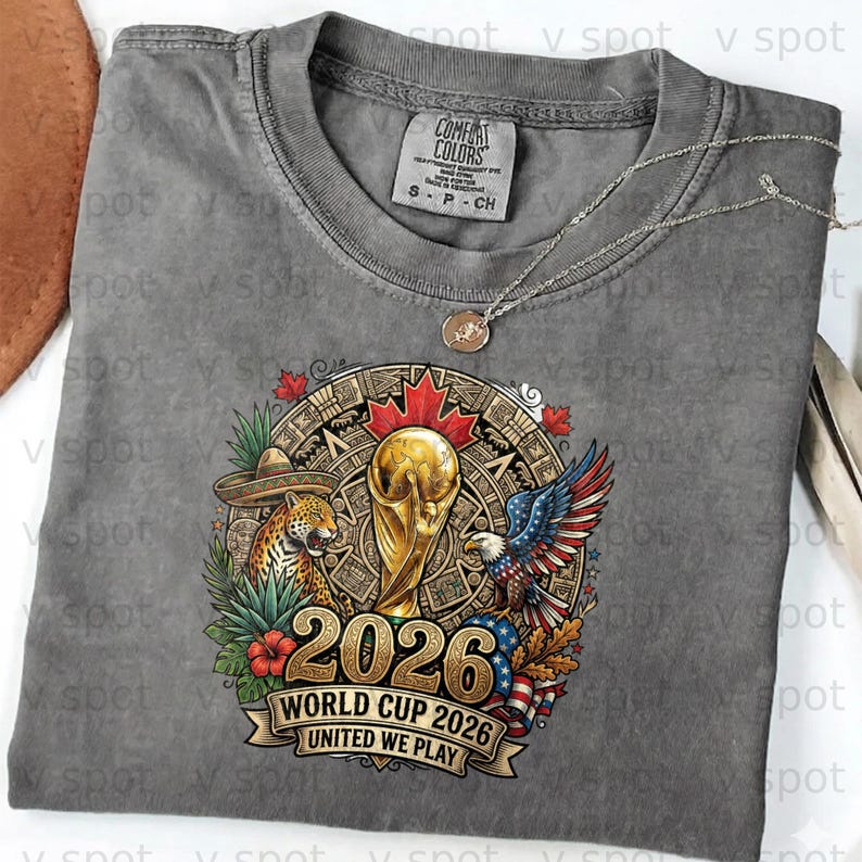 T-shirt design with World Cup 2026 trophy, eagle, jaguar, and sombrero.