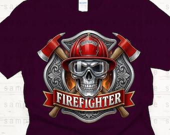 May include: Burgundy t-shirt featuring a graphic of a firefighter skull wearing a red helmet and goggles. The design includes crossed axes and a banner that reads "FIREFIGHTER". The design is centered on the shirt.