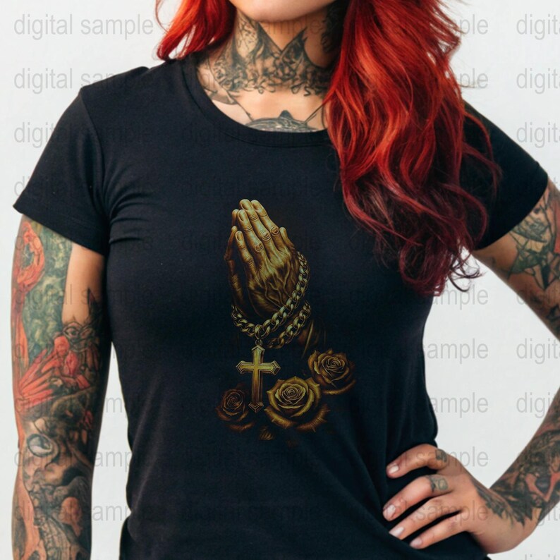 Gothic Prayer Hands Cross Design T-Shirt, Black Unisex Tattoo Style Tee with Gold Chain and Roses, Fashion Apparel
