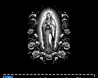 Puede incluir: Ilustración en blanco y negro de una figura religiosa, rodeada de rosas y un halo radiante. La imagen incluye el texto "descarga digital-300dpi" y "archivos de impresión de uso comercial."