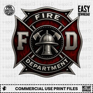 Fire Department Logo Digital Download, Red and Silver Emblem Design, Printable Firefighter Badge PNG