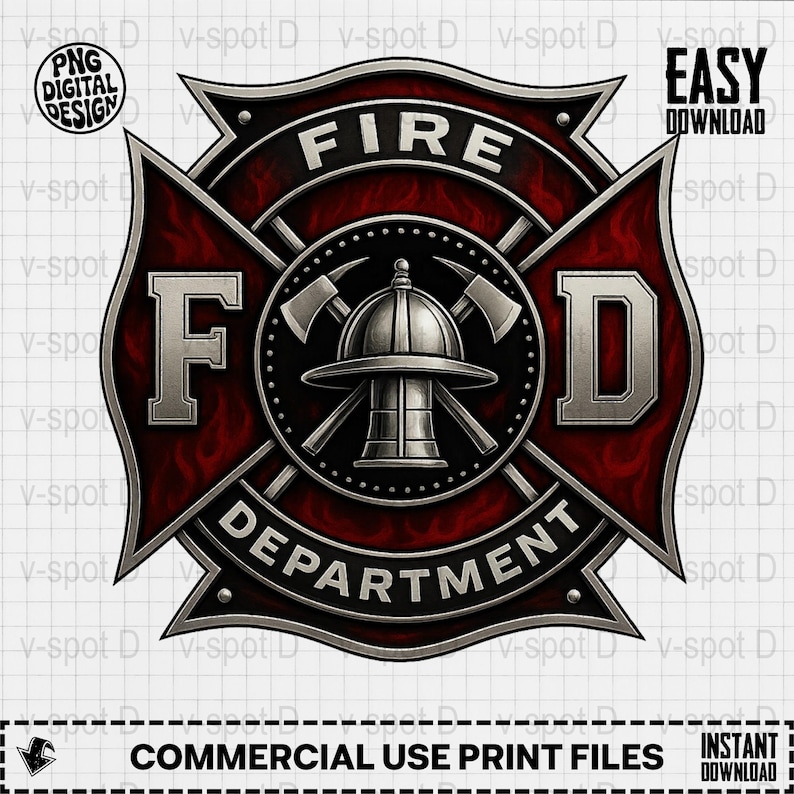 Fire Department Logo Digital Download, Red and Silver Emblem Design, Printable Firefighter Badge PNG