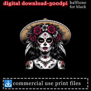 Day of the Dead T-Shirt, La Catrina Tee, Sugar Skull Shirt, Dia de los Muertos, Mexican Holiday, Halftone PNG for Black Garments