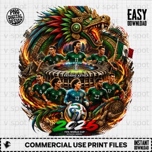 May include: Digital design featuring the Mexican national soccer team players in green jerseys, set against a backdrop of a dragon, the Estadio Azteca stadium, and the Mexican flag. The image includes the text "2026 FIFA WORLD CUP".