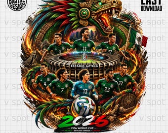 Op de afbeelding: Digitaal ontwerp met de Mexicaanse nationale voetbalteamspelers in groene shirts, tegen een achtergrond van een draak, het Estadio Azteca stadion en de Mexicaanse vlag. De afbeelding bevat de tekst "2026 FIFA WORLD CUP".