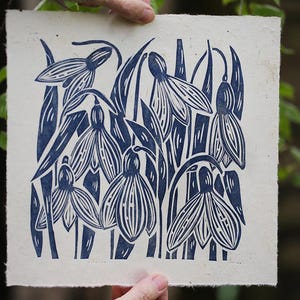 Op de afbeelding: Een blauw-witte linosnede van sneeuwklokjes. De prent toont meerdere sneeuwklokjesbloemen met gedetailleerde bloembladpatronen en lange, slanke bladeren. Het kunstwerk staat op getextureerd, gebroken wit papier.
