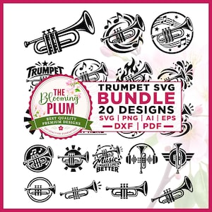 Pode incluir: Uma coleção digital de 20 designs gráficos de trompete em preto e branco, incluindo várias ilustrações de trompetes, notas musicais e elementos de texto. O texto central diz TRUMPET SVG BUNDLE 20 DESIGNS SVG PNG AI EPS DXF PDF.