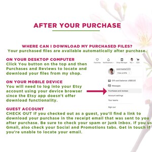 May include: A graphic with text that reads "AFTER YOUR PURCHASE" and instructions on how to download purchased files from Etsy. Instructions are provided for desktop computers, mobile devices, and guest accounts. The image includes a screenshot of the Etsy interface.