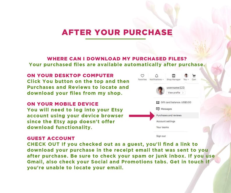May include: A graphic with text that reads "AFTER YOUR PURCHASE" and instructions on how to download purchased files from Etsy. Instructions are provided for desktop computers, mobile devices, and guest accounts. The image includes a screenshot of the Etsy interface.