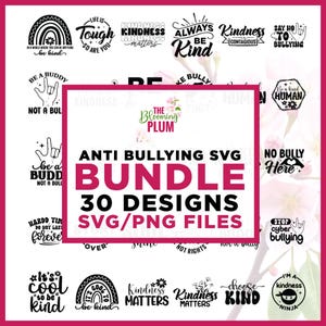 Puede incluir: Un paquete SVG contra el acoso escolar con 30 diseños, que incluyen frases como "Kindness Matters" y "Always Be Kind". La imagen presenta un arcoíris, gestos con las manos y acentos florales, promoviendo la positividad.