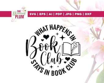 Könnte beinhalten: Ein schwarz-weißes Grafikdesign mit dem Text "WHAT HAPPENS IN BOOK CLUB STAYS IN BOOK CLUB". Das Design enthält Herzen, Sterne und ein offenes Buch mit einer floralen Illustration. Das Blooming Plum-Logo befindet sich in der oberen linken Ecke.