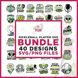 May include: A digital bundle of 40 pickleball-themed graphic designs in SVG and PNG formats. The collection features various illustrations of pickleball paddles and balls, accompanied by text phrases like Pickleball Champion and Eat Sleep Pickleball Repeat.