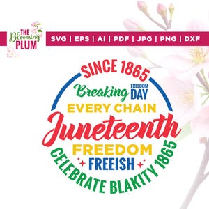 May include: A digital design with the text "Juneteenth" in red, green, and yellow. The design includes the words "Since 1865," "Breaking Day," and "Celebrate Blakity 1865." The Blooming Plum logo is in the upper left corner.