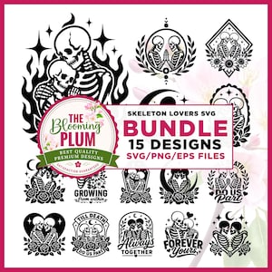 May include: A digital design bundle featuring 15 black and white illustrations of skeleton lovers. The graphics include skeletons embracing, surrounded by roses, moons, and stars, with text such as Till Death Do Us Part, Always Together, and Forever Yours.