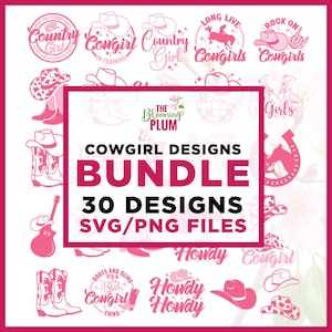 May include: A pink and white graphic design bundle featuring cowgirl-themed illustrations. The designs include cowboy hats, boots, horseshoes, and text such as "Cowgirl Designs Bundle" and "Howdy". The image is set against a white background.