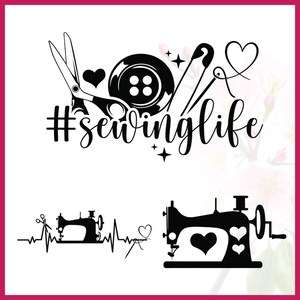 Op de afbeelding: Zwart-wit afbeelding met naai-elementen. Bevat een schaar, een knoop, een naald, draad en de tekst "#sewinglife". Daaronder silhouetten van naaimachines, &eacute;&eacute;n met een hartslaglijn en een andere met hartvormen.