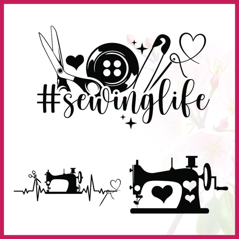 Op de afbeelding: Zwart-wit afbeelding met naai-elementen. Bevat een schaar, een knoop, een naald, draad en de tekst "#sewinglife". Daaronder silhouetten van naaimachines, &eacute;&eacute;n met een hartslaglijn en een andere met hartvormen.