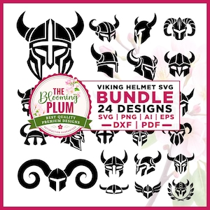 Op de afbeelding: Een digitale collectie van 24 zwarte silhouetontwerpen van Vikinghelmen in verschillende stijlen. De afbeelding bevat een rond logo met de tekst THE BLOOMING PLUM en een rechthoekig kader met VIKING HELMET SVG BUNDLE 24 DESIGNS SVG PNG AI EPS DXF PDF.
