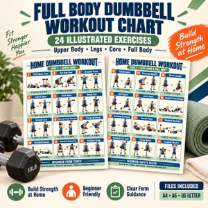 May include: A full body dumbbell workout chart featuring 24 illustrated exercises across two pages. The poster displays step-by-step movements for upper body, legs, and core training, including text labels for each exercise, set and rep counts.