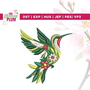 May include: An embroidered hummingbird design in shades of green, yellow, red, and white. The bird is depicted with its wings spread, and is decorated with flowers. The text "The Blooming Plum" is in the upper left corner, and file type abbreviations are in the upper right.