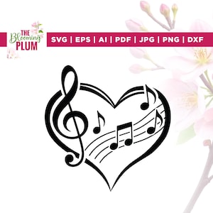 May include: A black digital graphic design of a heart shape formed by a treble clef and musical staff lines with scattered musical notes inside. The image includes the text THE BLOOMING PLUM and a list of file formats: SVG, EPS, AI, PDF, JPG, PNG, DXF.