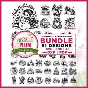 May include: A digital collection of 51 black and white Christmas-themed graphic designs in SVG, PNG, AI, DXF, and PDF formats. The bundle features illustrations of snowmen, reindeer, ornaments, and holiday text, branded with The Blooming Plum logo.