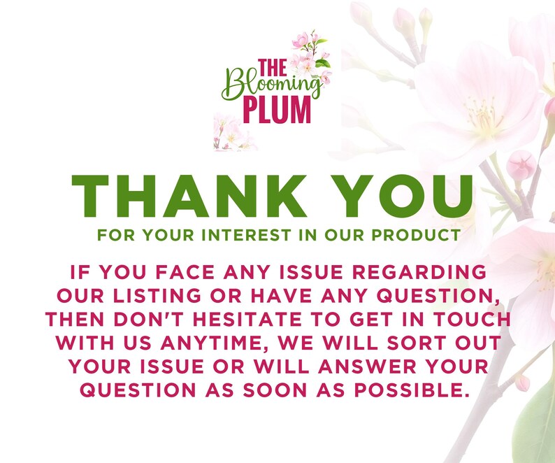 Op de afbeelding: Witte achtergrond met groene en bordeauxrode tekst. De tekst luidt "THANK YOU" en "FOR YOUR INTEREST IN OUR PRODUCT". Aanvullende tekst biedt klantenservice-informatie. Bloemenaccenten bevinden zich rechtsboven.