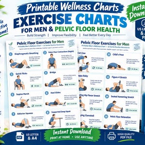 May include: Two printable exercise charts for pelvic floor health featuring sixteen illustrated movements with instructions. The charts include text such as Pelvic Floor Exercises for Men, US Letter & A4 PDF, and Instant Download. A blue water bottle is visible.