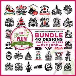 May include: A digital design bundle featuring 40 black and white Christmas-themed graphics including reindeer, snowmen, trees, and festive text. The central logo reads The Blooming Plum, with text indicating SVG, PNG, AI, EPS, DXF, and PDF file formats.