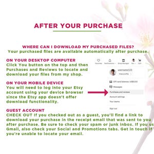 Op de afbeelding: Een afbeelding met tekst die uitlegt hoe je gekochte bestanden op Etsy kunt downloaden na aankoop. Er worden instructies gegeven voor desktopcomputers, mobiele apparaten en gastaccounts. De afbeelding bevat een screenshot van de Etsy-interface.