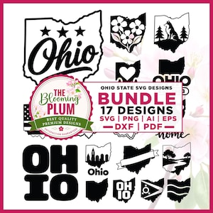 Pode incluir: Um pacote digital de 17 designs SVG do estado de Ohio em preto e branco com várias silhuetas, texto e ícones. A coleção inclui formas do estado com flores, um lobo, um coração, horizontes de cidades e o texto Ohio e OH IO.