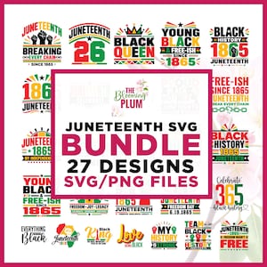 Può includere: Una collezione digitale di 27 design grafici a tema Juneteenth in formato SVG e PNG, con testo e illustrazioni in rosso, nero, verde e giallo. Il testo centrale recita Juneteenth SVG Bundle 27 Designs SVG/PNG Files.