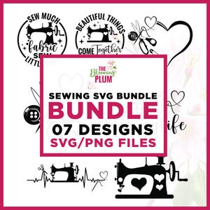 Puede incluir: Un conjunto de diseños SVG y PNG con temática de costura en blanco y negro. Los diseños incluyen máquinas de coser, tijeras, corazones y textos como "Sew Much Fabric, Little Time". El paquete incluye 07 diseños.
